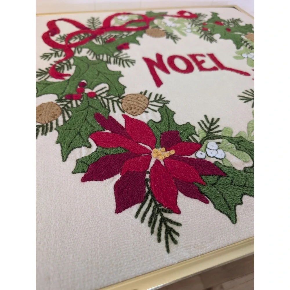 Vintage Christmas Wreath Noel Ribbon Crewel Gold Framed Artwork Holiday Decor
